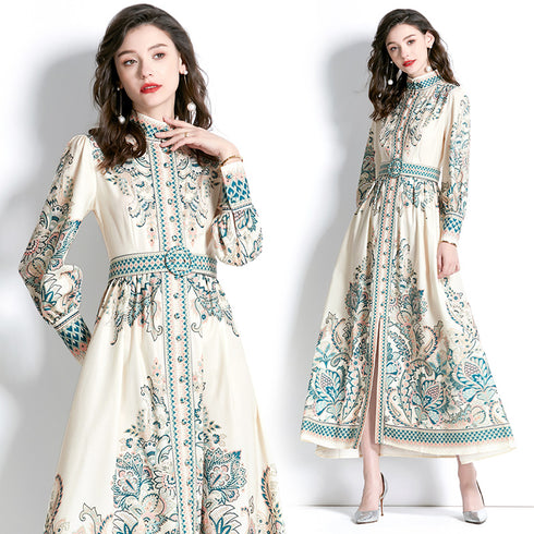 Designer Elegant Paisley Pattern Lantern Sleeves, Stand Collar, Belted Vintage A-Line Party, Wedding Guest Maxi Dress - Turquoise